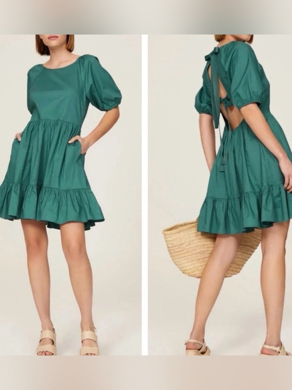 Open-Back Puff Sleeve Mini Dress in Teal Green